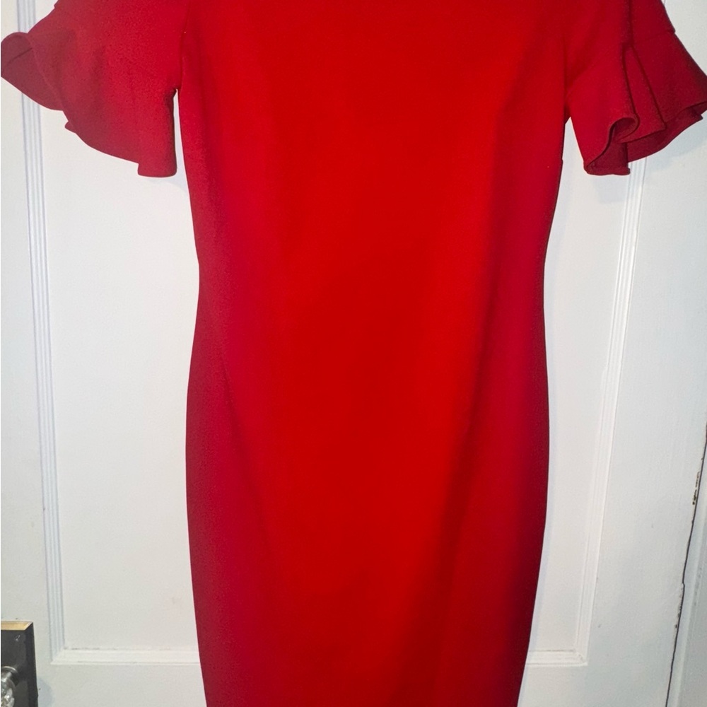 Calvin Klein Red Midi Dress with Ruffle Sleeves